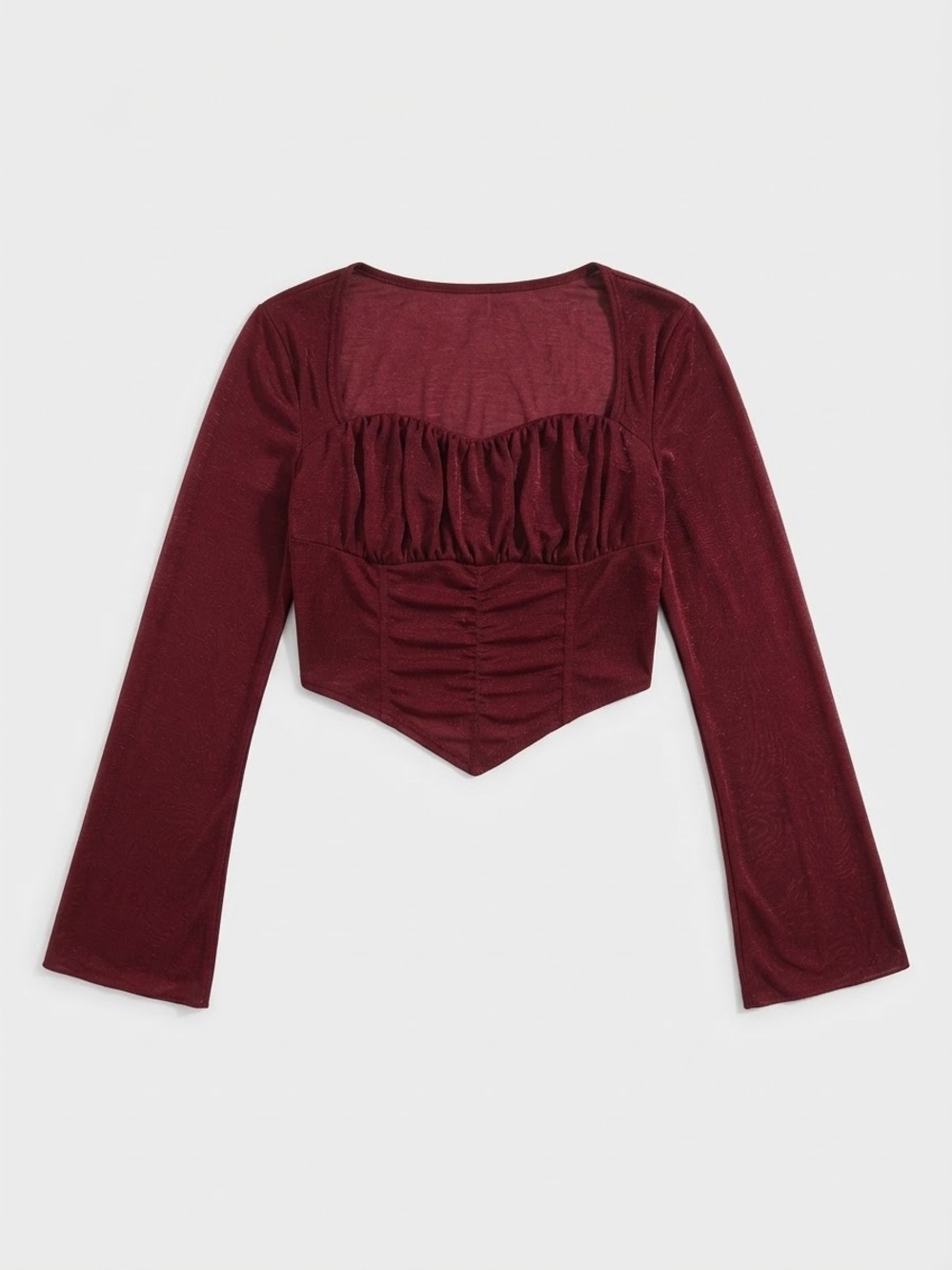 Ruched Bust Long Sleeve Corset Top in Deep Wine